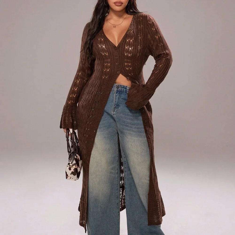 Coffee Brown Casual Women's Long Cardigan - Picture 7 of 7